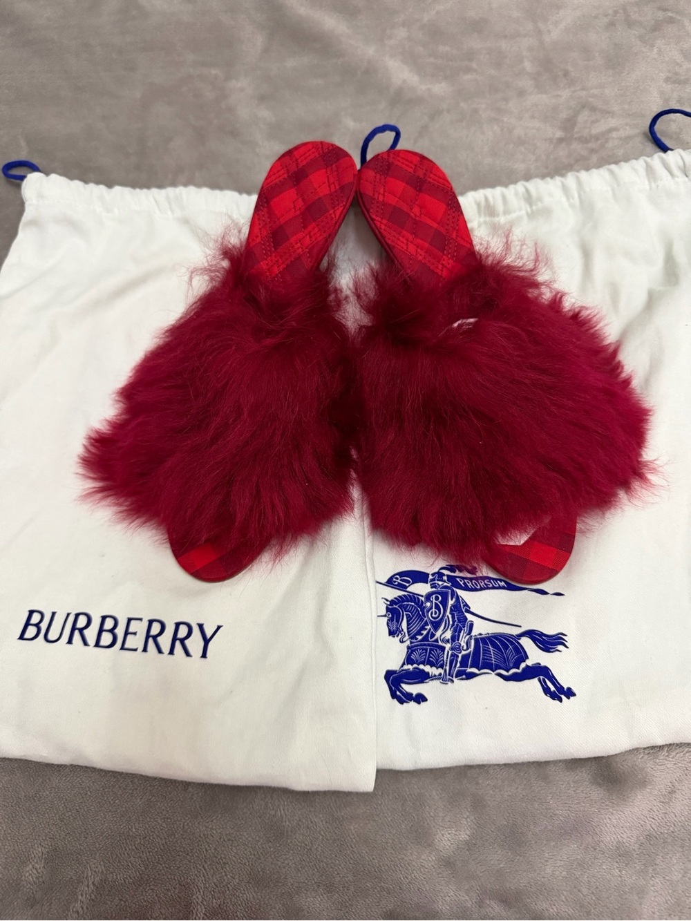 Burberry Red Faux-Fur Slide Sandals
